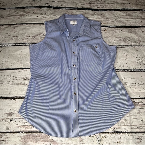 Guess Blue/White Striped Button Down Sleeveless Top Size L - Picture 9 of 9